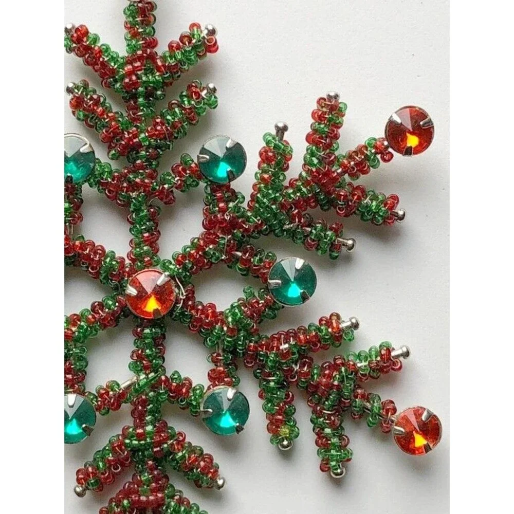 Christmas Tree Snowflake Ornament Red Green Beaded Jewels Ribbon Hanger 5.5